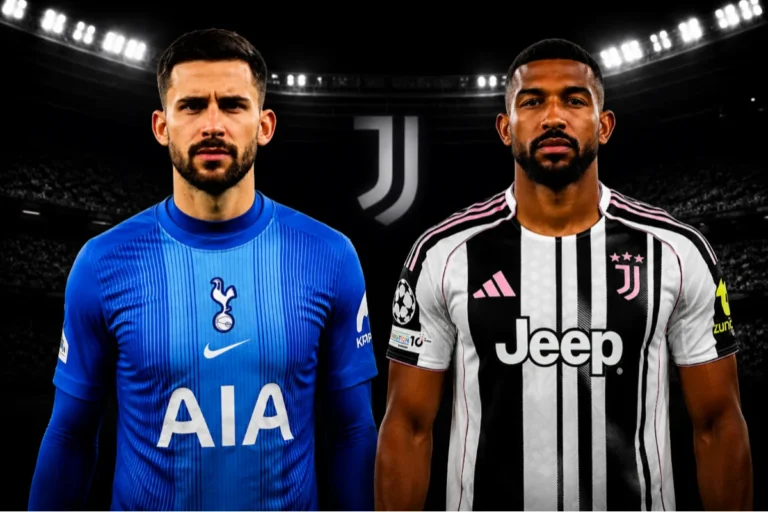 Vicario in maglia Tottenham a confronto con Bremer in maglia Juventus sullo sfondo dello stadio