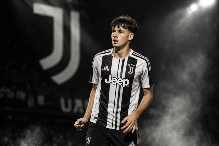 Giocatore della Juventus in maglia bianconera Adidas con sponsor Jeep durante una partita