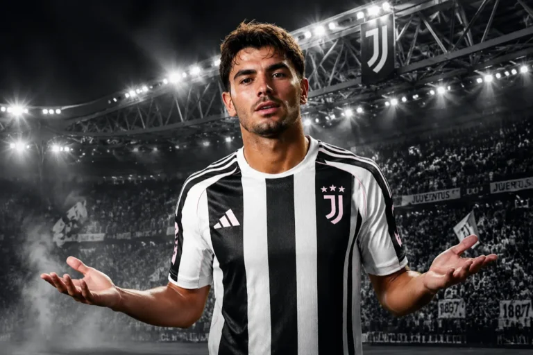 Brahim Diaz in maglia Juventus nello stadio, con gesto interrogativo verso la telecamera