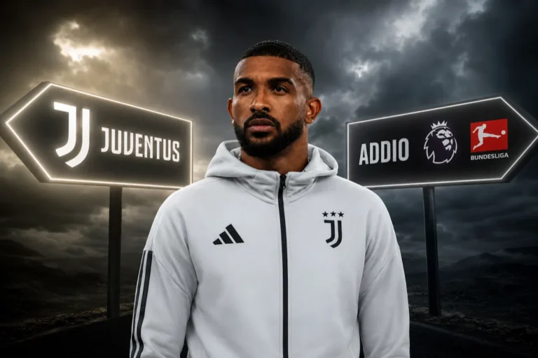 Bremer della Juventus in tuta Adidas davanti ai cartelli del club e della Premier League