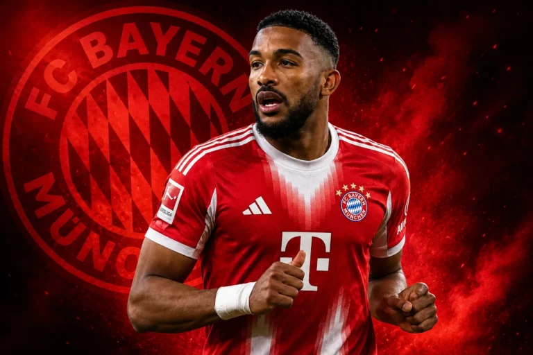 Bremer difensore indossa la maglia rossa del Bayern Monaco con logo del club sullo sfondo