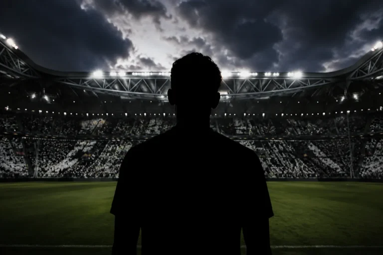 Silhouette di un calciatore in campo davanti a uno stadio illuminato pieno di spettatori durante una partita notturna