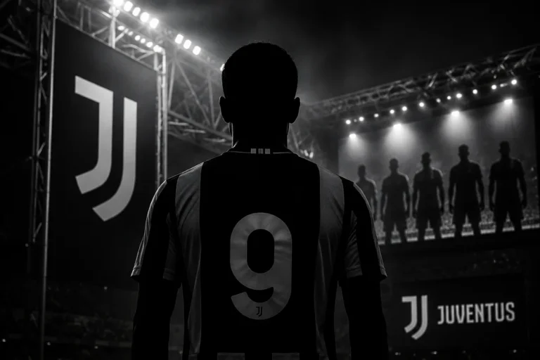 Giocatore Juventus numero 9 di spalle in campo con logo bianconero sullo sfondo