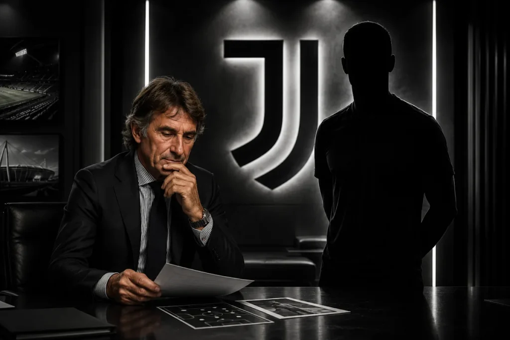 Dirigente Juventus in riunione nello studio del club con logo bianconero illuminato sullo sfondo