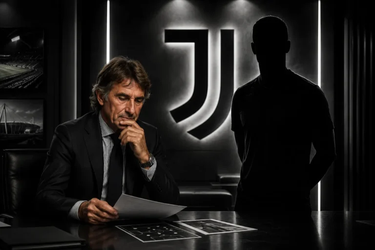 Dirigente Juventus esamina documenti in ufficio con logo bianconero illuminato sullo sfondo