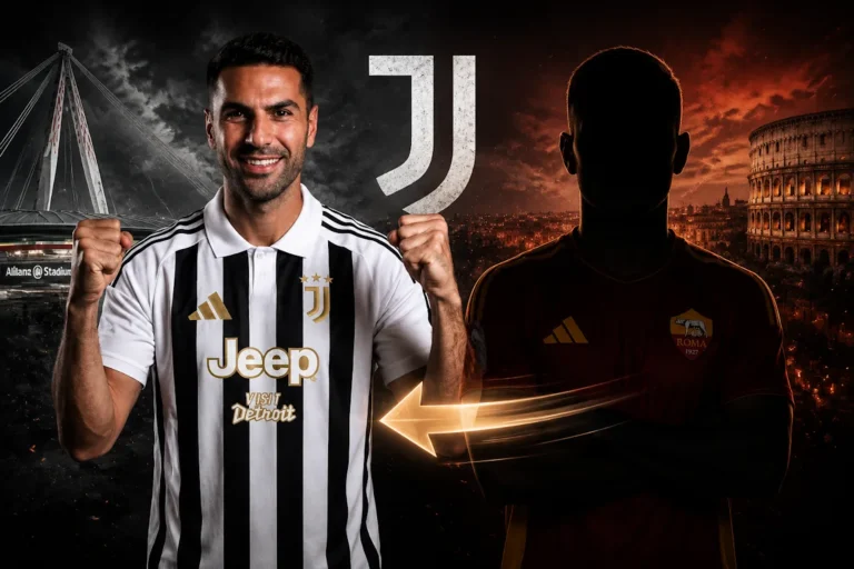 Celik in maglia Juventus bianconera Jeep all'Allianz Stadium con silhouette Roma sullo sfondo