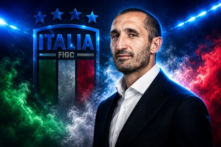 Giorgio Chiellini in abito blu e camicia bianca con lo stemma Italia FIGC sullo sfondo
