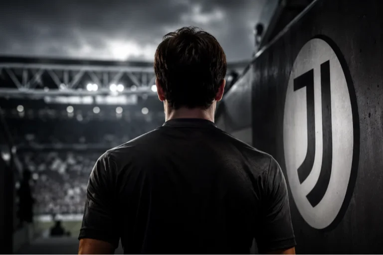 Giocatore lascia la Juventus: visto da dietro in maglia nera davanti allo stadio, con logo bianconero visibile