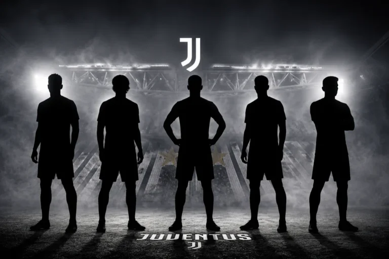 Cinque giocatori della Juventus in silhouette davanti allo stadio, simbolo del progetto offensivo bianconero