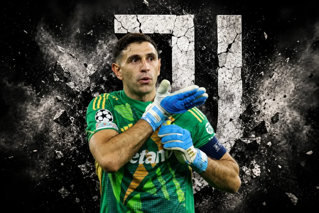 Dibu Martinez portiere in maglia verde Juventus con guanti blu e gialli in posa