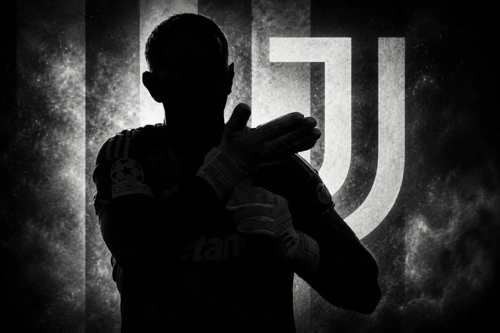 Portiere della Juventus in silhouette con maglia e guanti, logo bianconero sullo sfondo