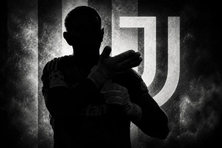 Portiere Juventus in silhouette con guanti da calcio, logo bianconero sullo sfondo