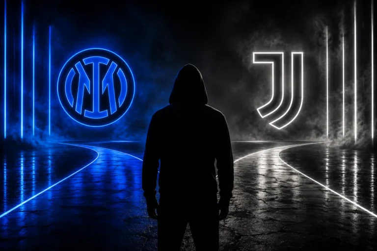 Silhouette di un calciatore tra i loghi neon di Inter e Juventus, rappresentazione del calciomercato