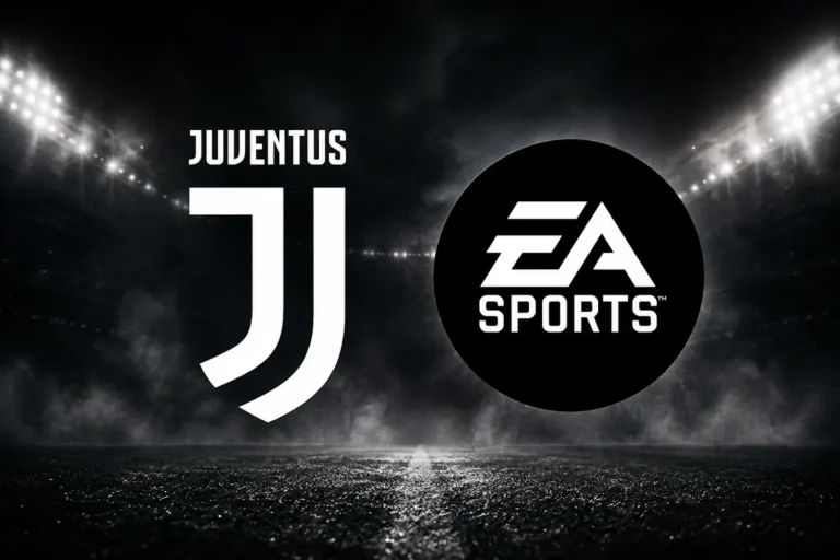 Logo Juventus e EA Sports su campo da calcio illuminato