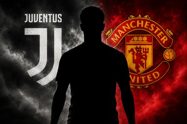 Silhouette di giocatore tra i loghi di Juventus e Manchester United, tema del mercato calciomercato