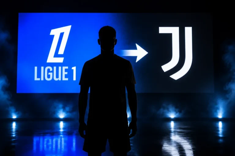 Silhouette di calciatore davanti ai loghi Ligue 1 e Juventus con freccia di trasferimento
