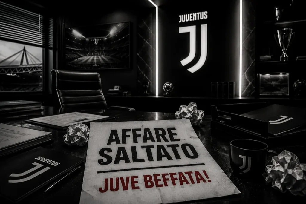 Ufficio Juventus con manifesto 'Affare Saltato - Juve Beffata!' sul tavolo, logo bianconero illuminato sullo sfondo