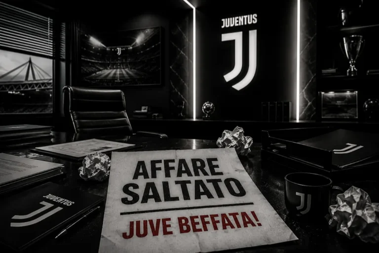 Ufficio Juventus con manifesto 'Affare Saltato - Juve Beffata!' sul tavolo nero, logo bianconero illuminato sullo sfondo