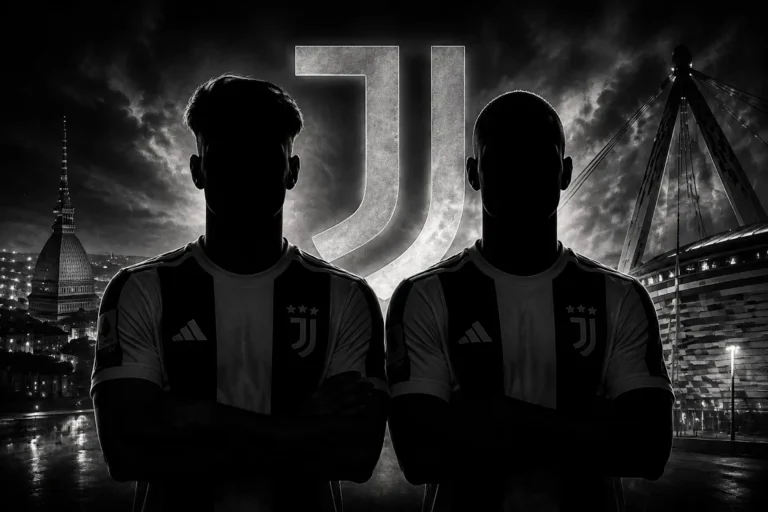 Due giocatori della Juventus in maglia bianconera con stemma ufficiale, silhouette evocativa davanti al logo Juve e skyline di Torino
