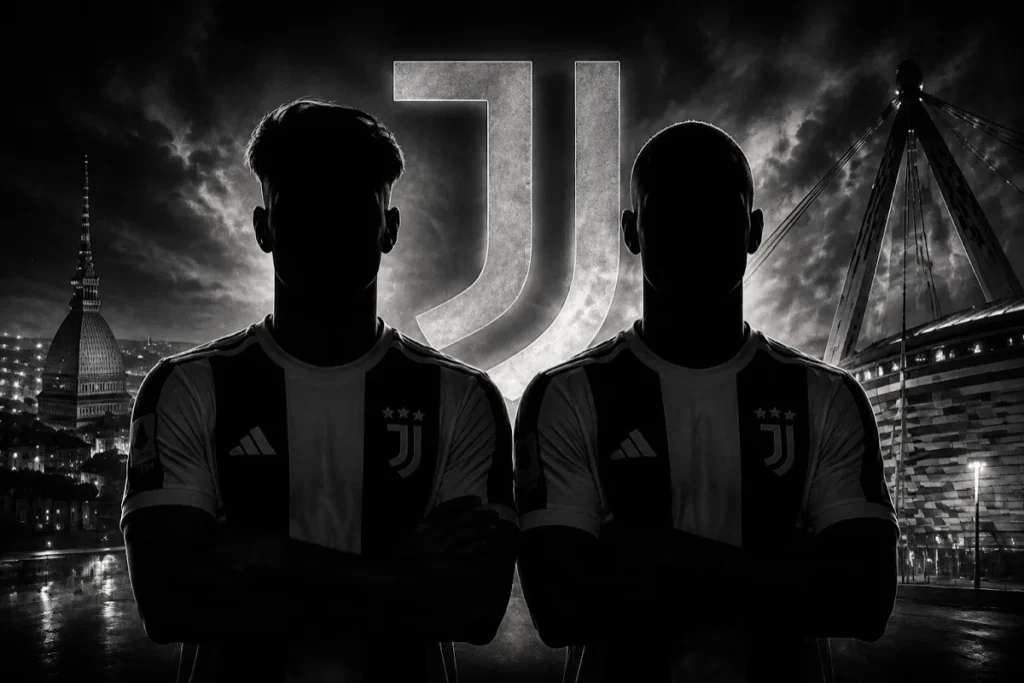 Due giocatori Juventus in silhouette con maglia bianconera, skyline di Torino sullo sfondo e logo Juve in evidenza