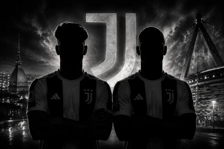 Due giocatori Juventus in silhouette con maglie bianconere, logo Juve e skyline di Torino sullo sfondo