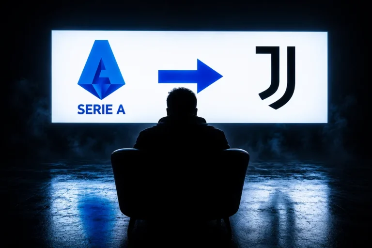 Silhouette di persona davanti a schermo che mostra logo Serie A con freccia verso Juventus, tema mercato difensori
