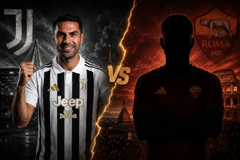 Giocatore Juventus in maglia bianconera con fulmine che separa da silhouette Roma con logo giallorosso