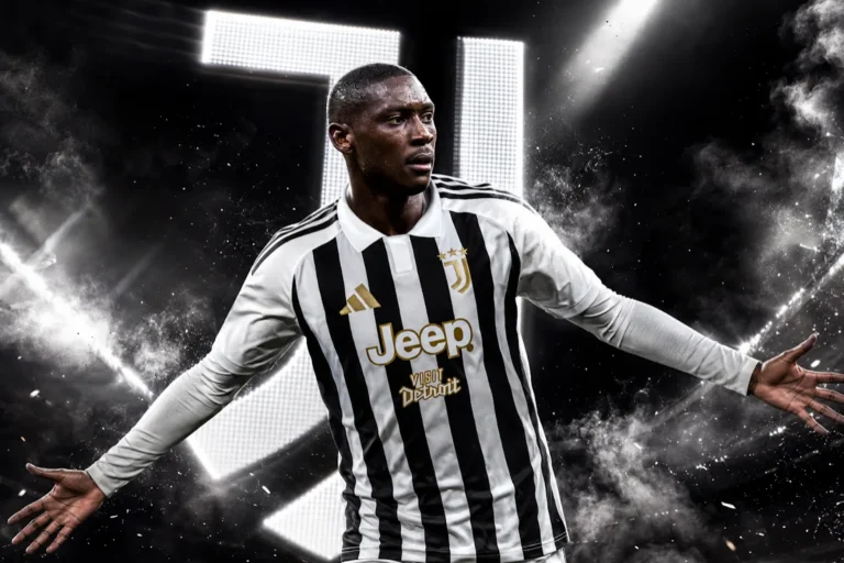 Kolo Muani con la maglia della Juventus, braccia aperte in gesto di esultanza su sfondo nero con effetti luminosi