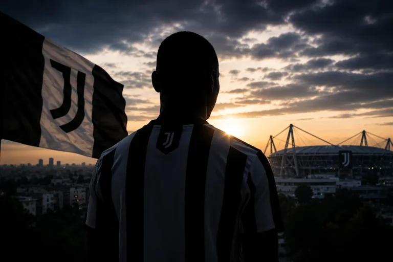 Silhouette di calciatore Juventus in maglia bianconera davanti allo Stadio dell'Allianz