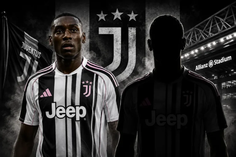 Attaccante della Juventus in maglia Adidas bianconera con sponsor Jeep davanti all'Allianz Stadium di Torino