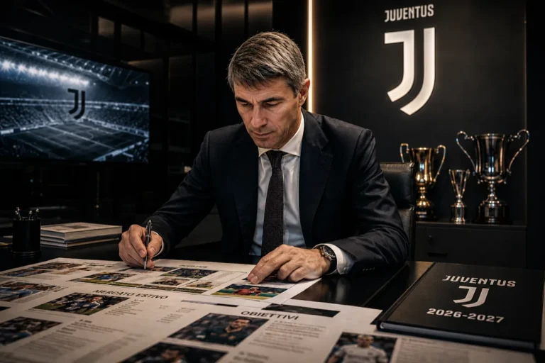 Massara firma documenti negli uffici Juventus, trofei sullo sfondo