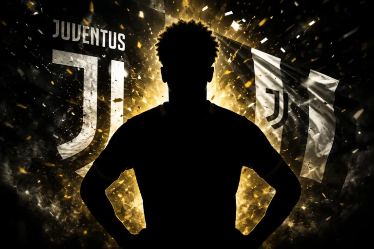 Silhouette di giocatore Juventus con effetto esplosione dorata e logo bianconero sullo sfondo