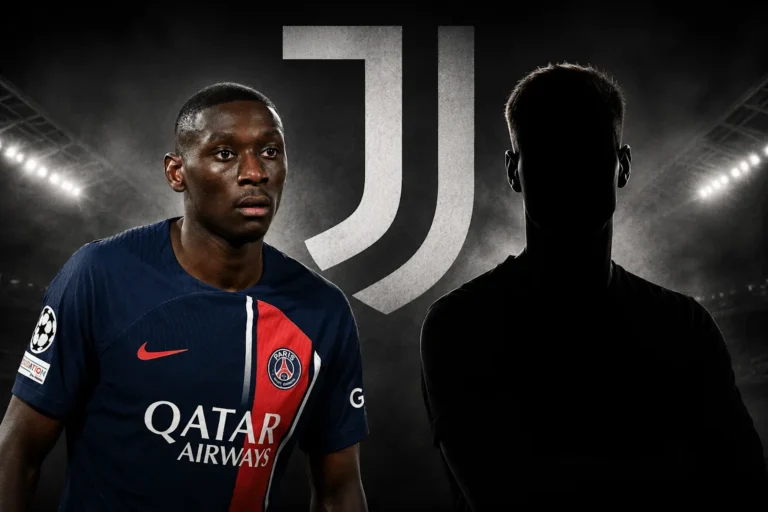 Kolo Muani in maglia PSG con logo Juventus sullo sfondo, operazione di mercato bianconera