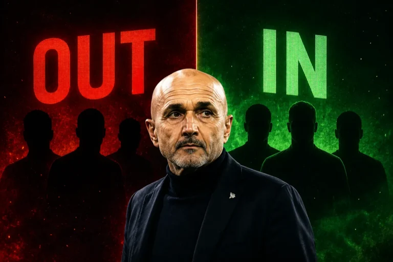 Luciano Spalletti in primo piano con sfondo rosso e verde, simbolo delle scelte di mercato della Juventus