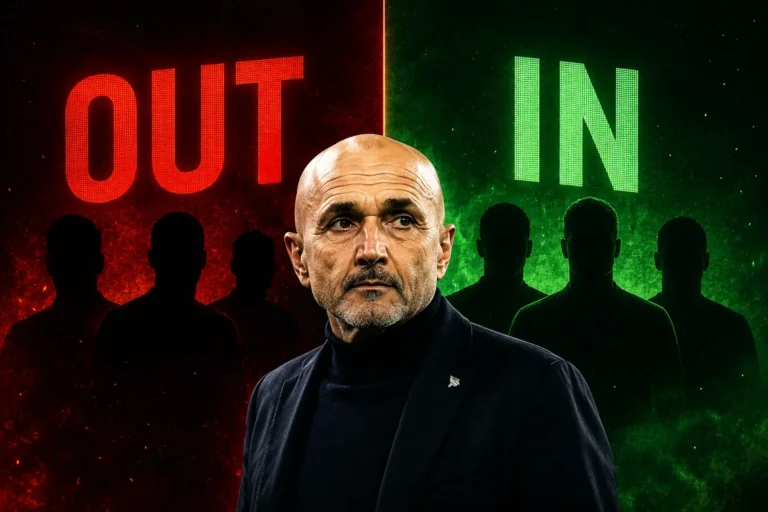 Luciano Spalletti con sfondo grafico rosso OUT e verde IN, simbolo delle dinamiche di mercato calcistico