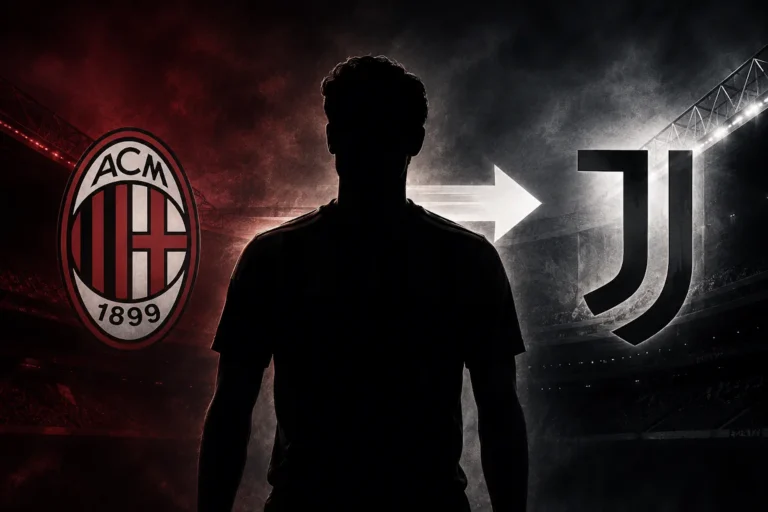 Silhouette di calciatore tra stemma Barcelona e logo Juventus con freccia trasferimento