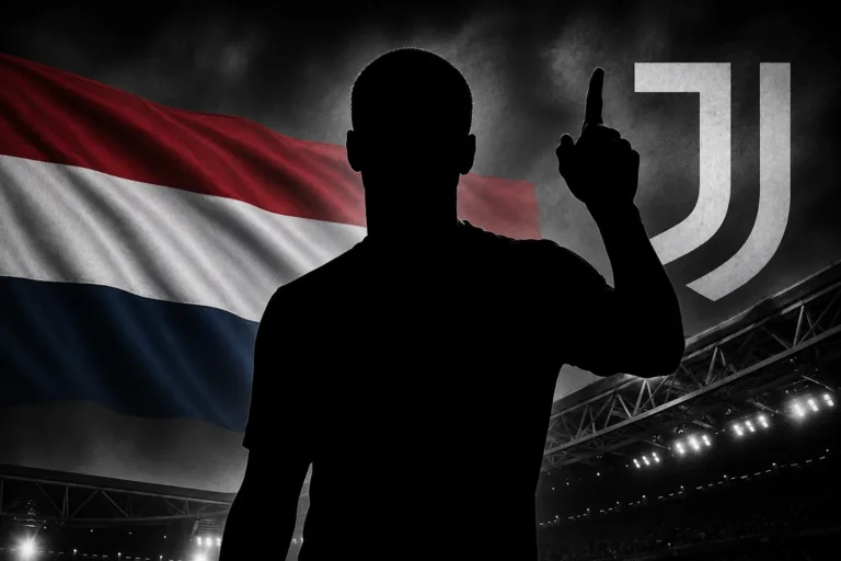 Silhouette di calciatore olandese con bandiera dei Paesi Bassi e logo Juventus sullo sfondo dello stadio