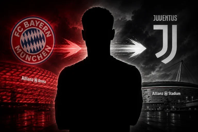 Grafica calciomercato: silhouette di giocatore tra Bayern Monaco e Juventus con stadi Allianz
