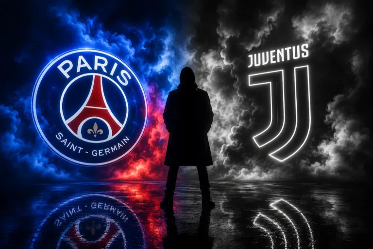 Silhouette di una figura in piedi tra i loghi del PSG e della Juventus illuminati a neon con effetti drammatici di nuvole