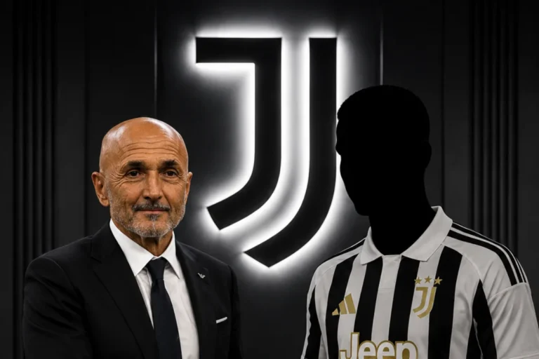 Luciano Spalletti in abito scuro davanti al logo Juventus con giocatore in maglia bianconera Adidas