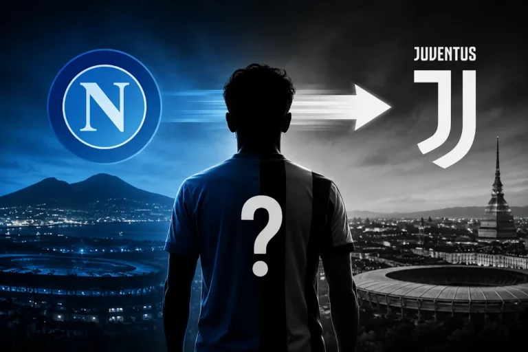 Calciatore in silhouette con logo Napoli a sinistra e Juventus a destra, simbolo di trasferimento tra i due club
