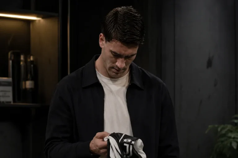Dusan Vlahovic esamina la maglia della Juventus durante un incontro privato