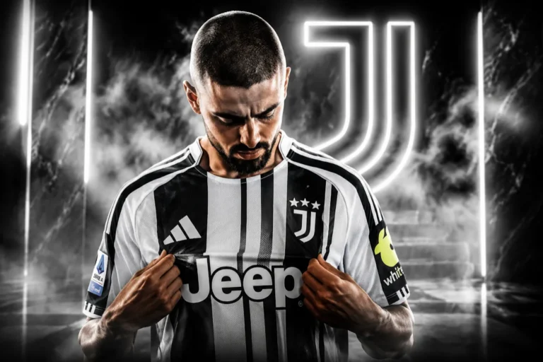 Zhegrova in maglia Juventus con sponsor Jeep, sguardo concentrato verso il basso in composizione editoriale
