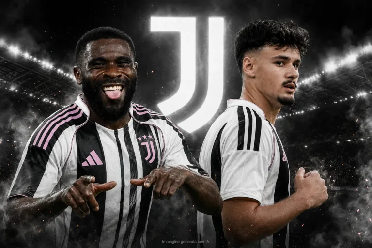 Boga e Alajbegovic in maglia Juventus con lo stemma della Juve sullo sfondo dello stadio