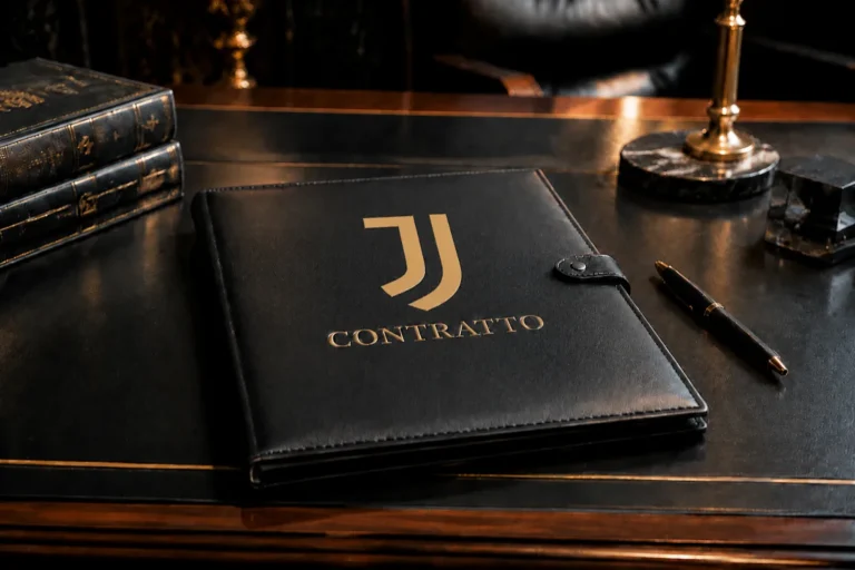 Cartella contrattuale Juventus con logo JJ in oro su scrivania nera con penna e lampada