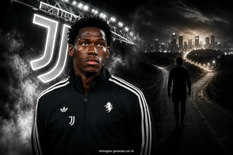 Giocatore in tuta Juventus Adidas, immagine promozionale con logo JJ sullo sfondo e skyline notturno
