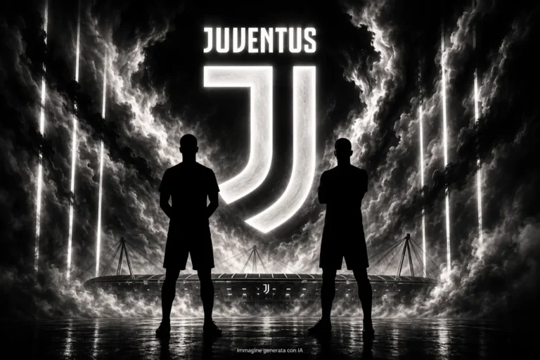 Due calciatori in silhouette davanti al logo Juventus illuminato e allo stadio in stile artistico
