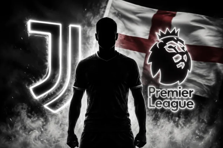Silhouette di calciatore in maglia Juventus con loghi Juve e Premier League, grafica di calciomercato