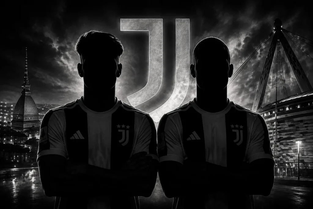 Due giocatori della Juventus in maglia bianconera con lo sfondo di Torino, immagine simbolica del mercato
