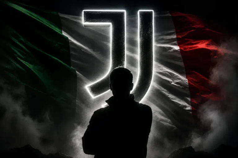 Silhouette di giocatore davanti al logo Juventus illuminato con bandiera italiana sullo sfondo